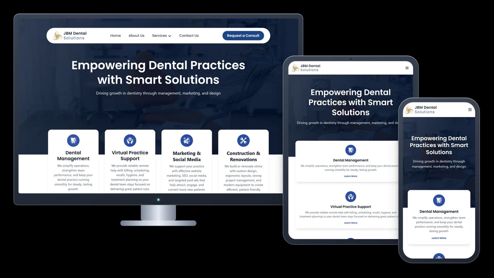 JBM Dental Solutions shown on desktop, tablet and phone