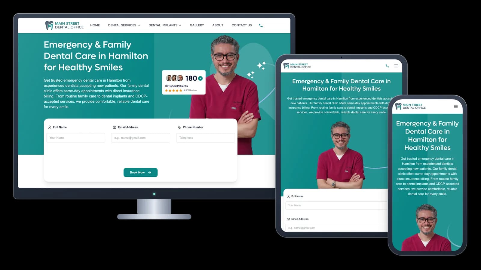 Main Street Dental Office shown on desktop, tablet and phone