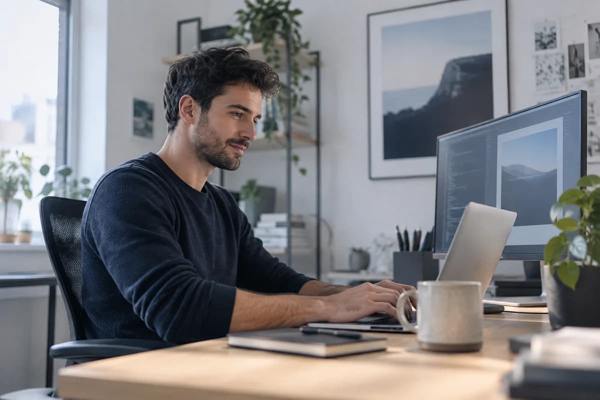 Developer working at a laptop in a modern studio