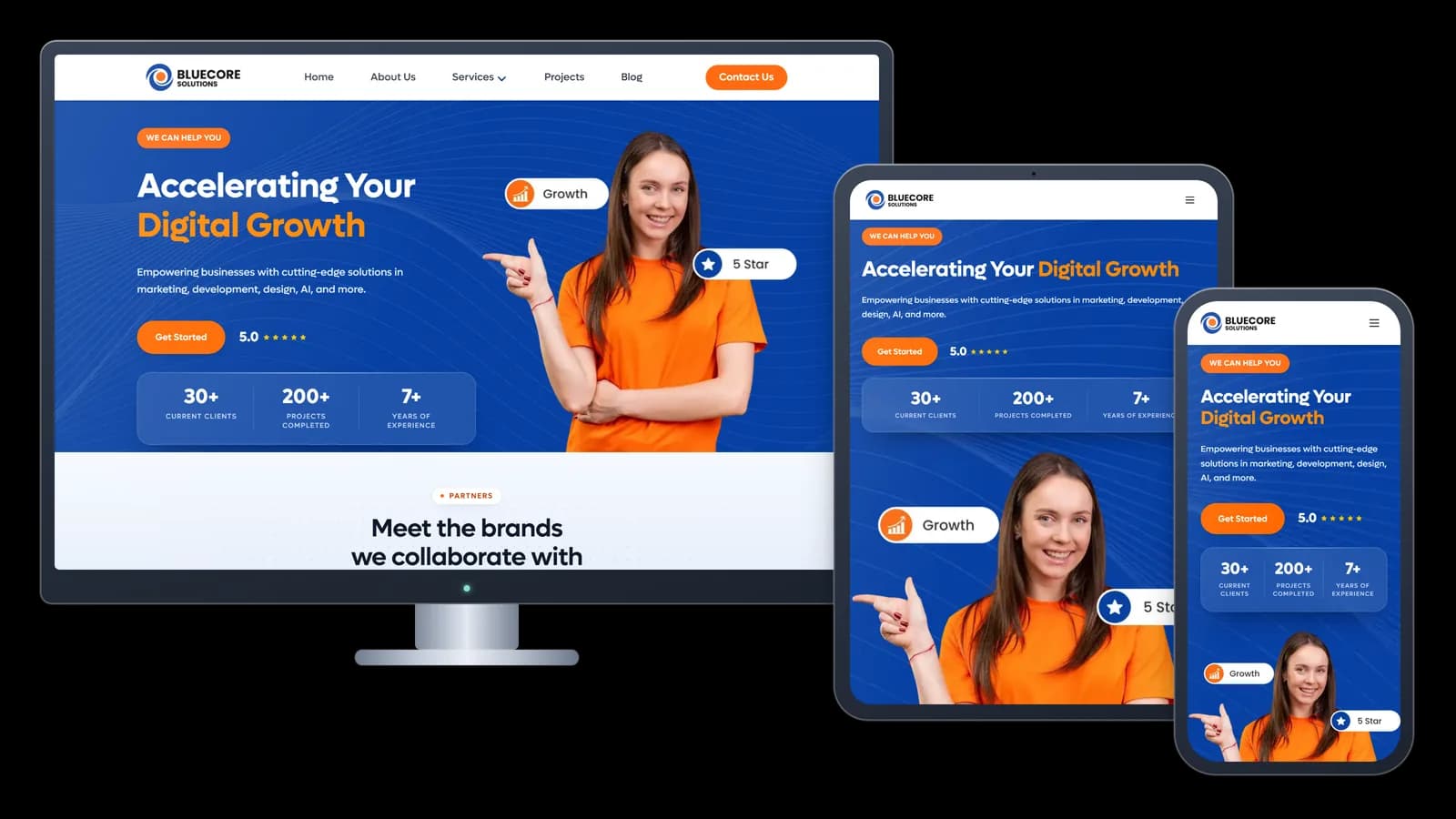 Responsive website layouts on desktop, tablet, and phone