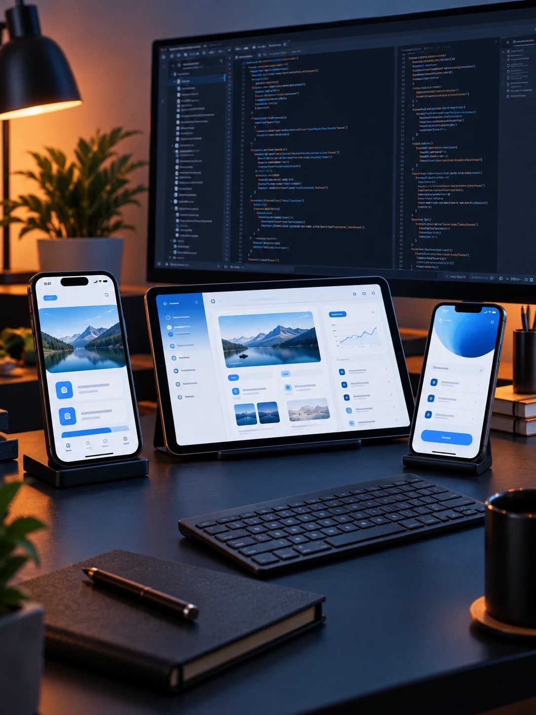 Mobile application testing workspace with phones and tablet