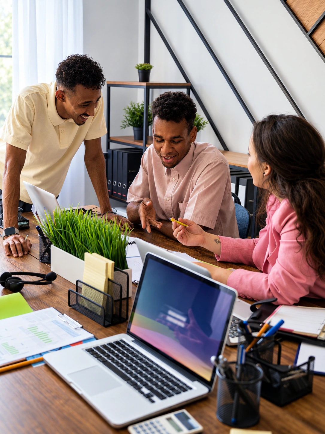 A digital product team collaborating around a laptop